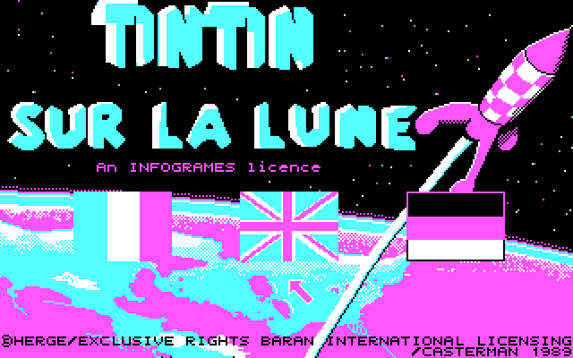 JEUX VIDÉO:  Infogrames, Tintin sur la lune :   3...2...1... Décollage ! Et le jeu commence, avec une vision de la fusée en quatre couleurs CGA. Vous devez éviter la collision avec des météorites et récolter des bonus santé et des bonus rouges.